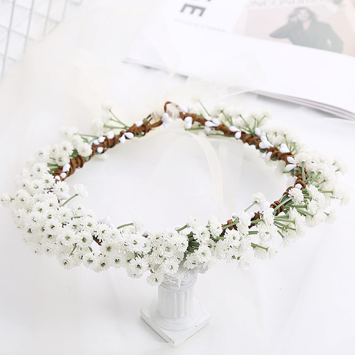 YnimioAOX Handmade Adjustable Flower Wreath Headband Halo Floral Crown Garland Headpiece,E-white sky star