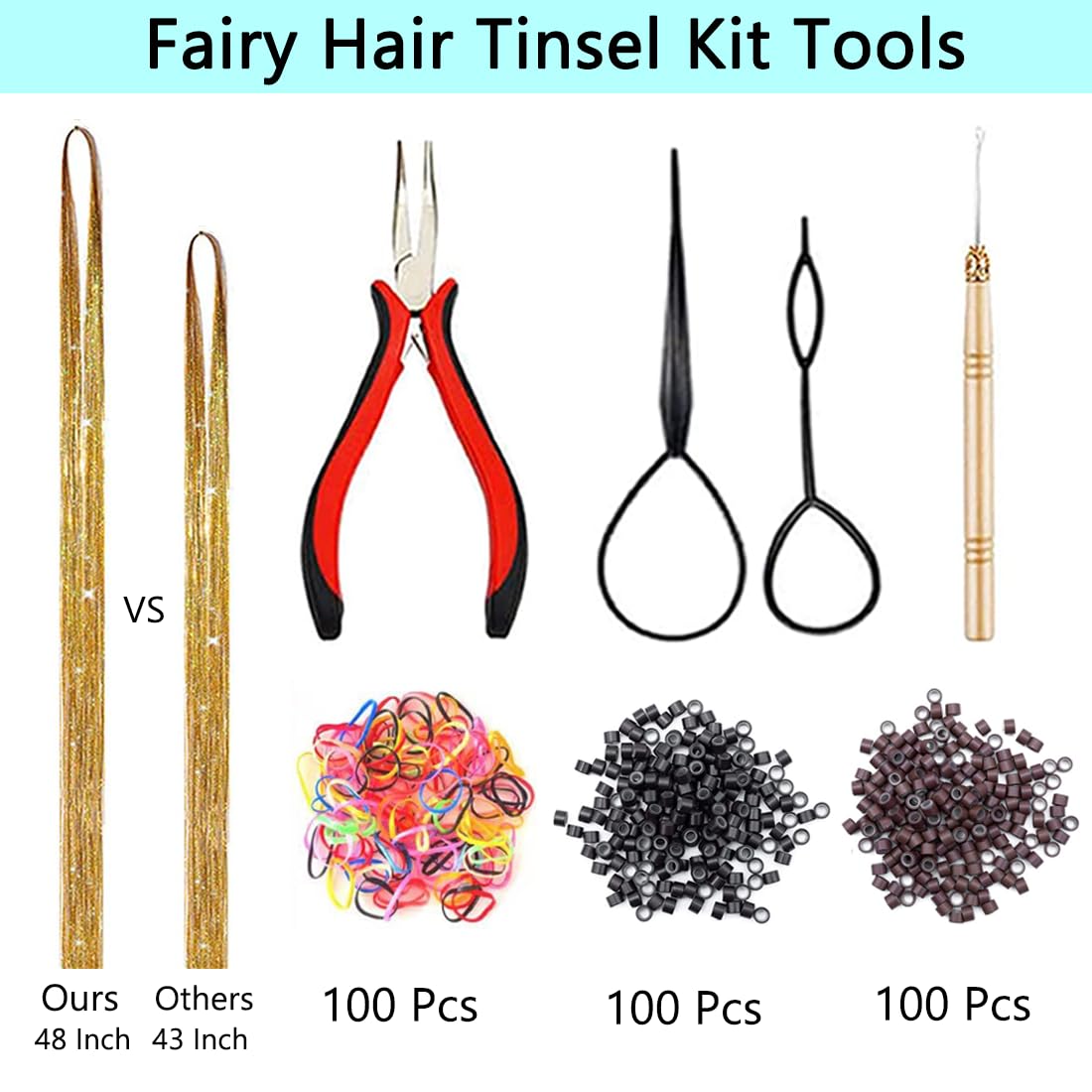 Hair Tinsel Kit (48 Inch,12 Colors, 3000 strands), Fairy Tinsel Hair Extensions with Tools - Glitter Hair Tinsel Heat Resistant Accessories for Girls Women Kids Christmas New Year Halloween Cosplay