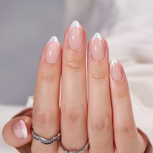 BTArtbox French Tip Press On Nails - White Press On Nails Almond, Short Fake Nails with Nail Glue, Fit Perfectly & Natural Reusable Stick on Nails in 16 Sizes, Mermaid