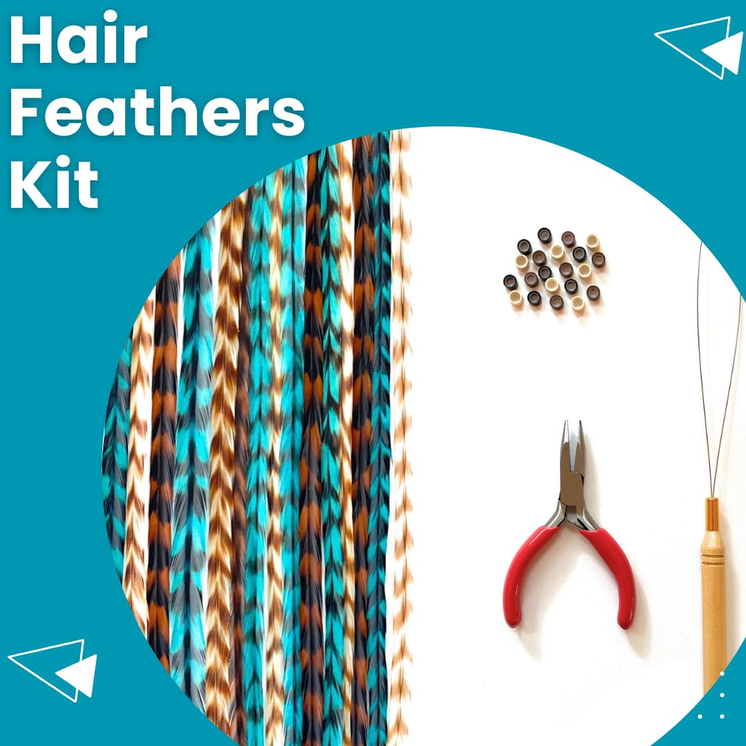 Feather Hair Extensions Kit, Contains Real Rooster Feathers, Loop Tool, Microlink Beads, and Small Pliers- Long Natural Colors with Turquoise Accessories