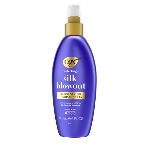 OGX Protecting + Silk Blowout Quick Drying Thermal Protection Spray, Heat Protectant Spray Shields Hair up to 450°F For Soft, Shiny Hair and Big, Beautiful Blowouts, Light Hold, 6 fl. oz