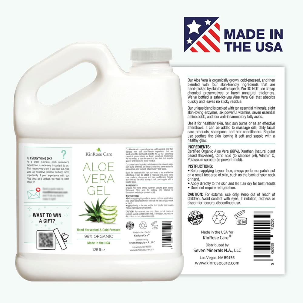 KinRose Care Aloe Vera Gel Organic Gallon for Face, Skin, Hair & Sunburn Relief 100 Percent Pure Aloe Vera Gel Bulk Wholesale - Cold Pressed, Vegan, Unscented - Made in USA (128 Fl Oz)