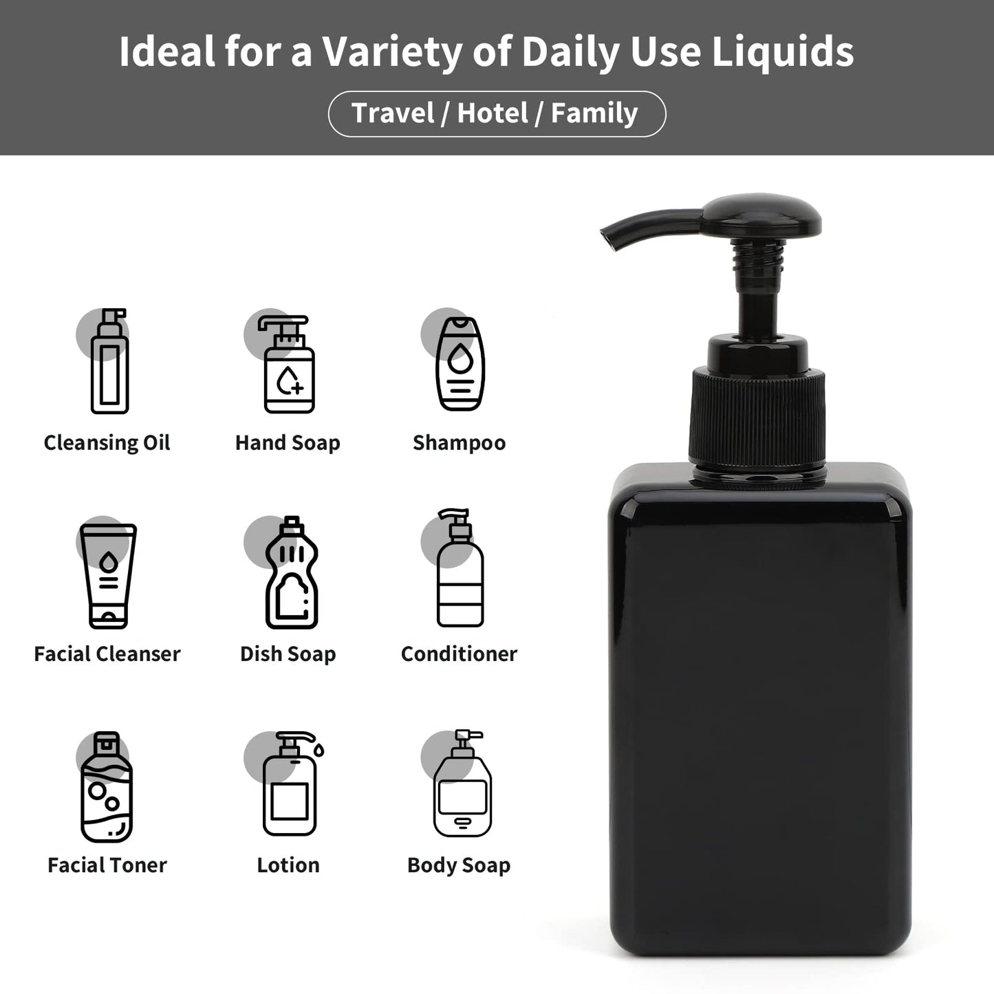 Segbeauty 4pcs Square Lotion Dispenser, 6.8oz Empty Shampoo Pump Bottles Small with Labels, 200ml Refillable Portable Plastic Press Bathroom Shower Dispenser Liquid Soap Containers for Travel Black