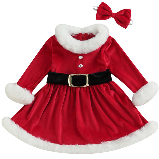 Baby Girls Christmas Dress Velvet Santa Claus Romper Dress Long Sleeve Plush Xmas Princess Party Cosplay Costume Dress (F-Red, 4-5 Years)