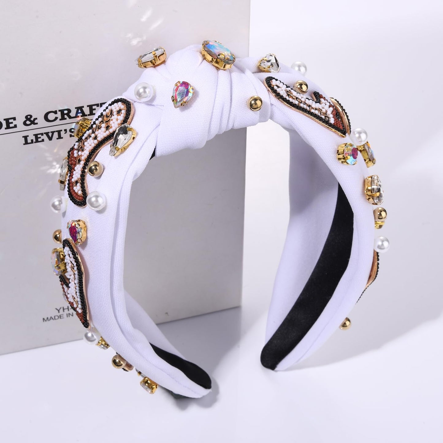 Western Cowgirl Headband Accessories for Women Beaded Cowboy Boot Embellished Headband Rhinestone Crystal Pearl Top Knot Headband Rodeo Nashville Bachelorette Party Country Concert Outfit (White)