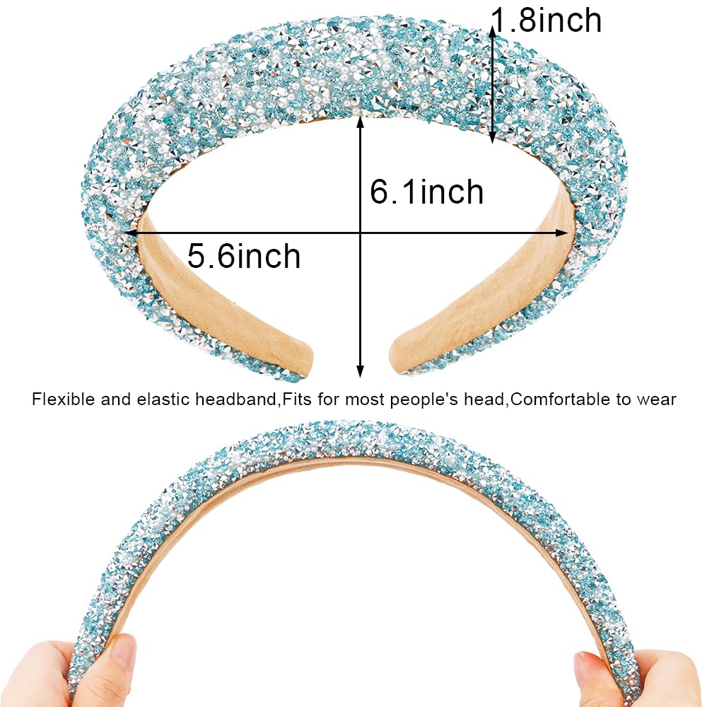 AHONEY 2 Pack Rhinestone Headband Women Girls Thick Padded Headband, Sequin Beaded Pearls Head Band Glitter Cute Headband Birthday Prom Hair Accessories For Women Girls (Silver&Blue)