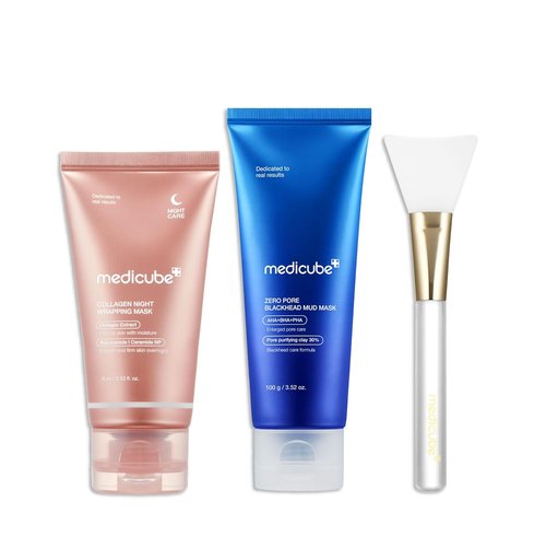 Medicube Korean Glass Skin Mask Duo - Collagen Overnight Peel Off & Zero Pore Blackhead Mud Mask | Skin Care Gift Set for Women