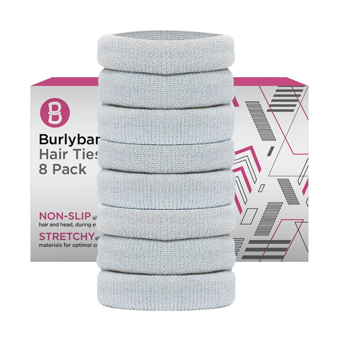 Burlybands Large Hair Ties for Thick, Heavy or Curly Hair - Non-Slip, Non-Damage, Seamless Women's Ponytail Scrunchies - Lt Gray, 8 Pcs