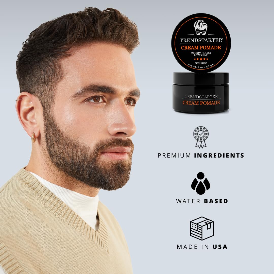 TRENDSTARTER Cream Pomade - Medium Hold, Low Shine | 2oz Travel Size Water-Based Hair Styling Product