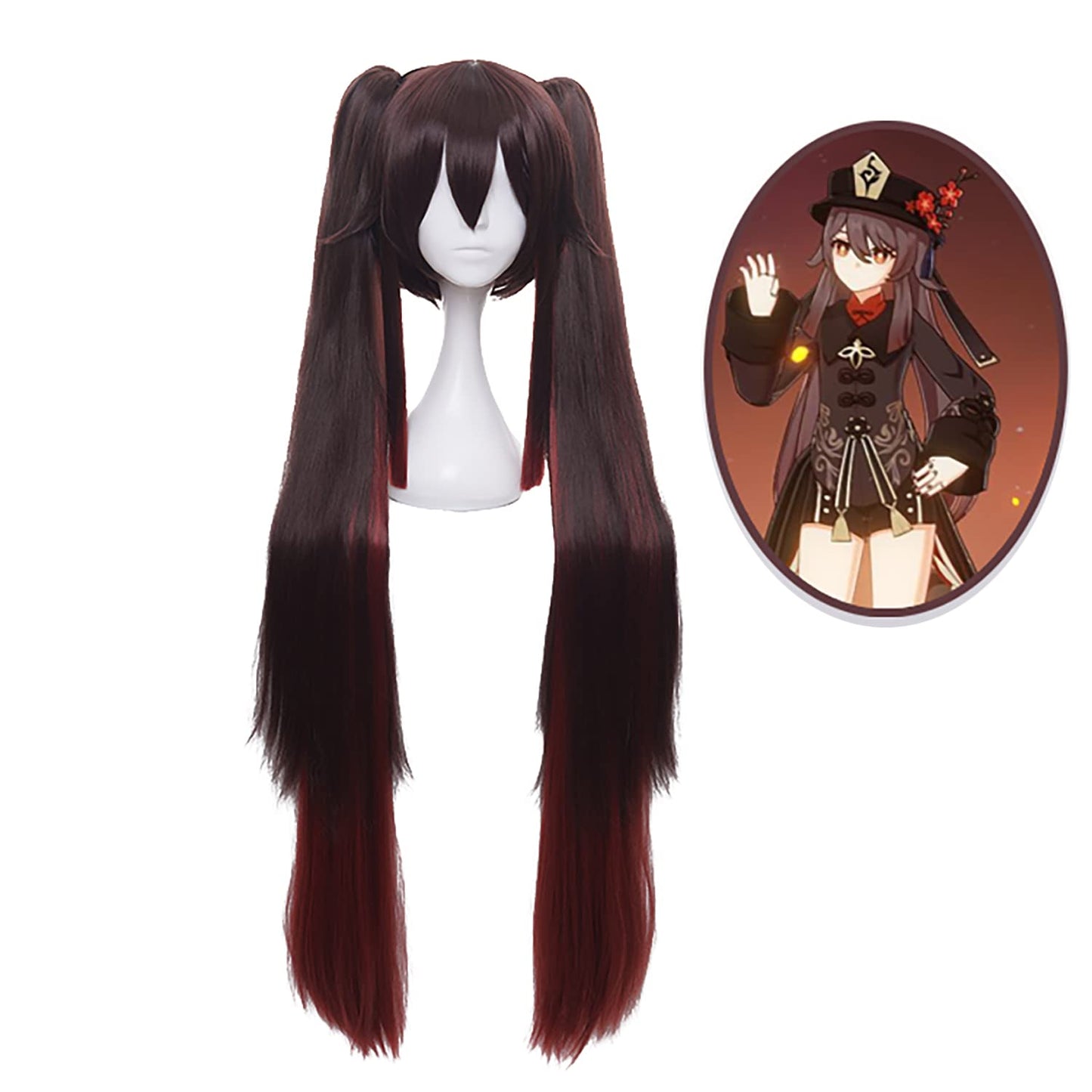 MoeLoli Hu Tao Cosplay wig for Genshin Impact Long Straight Brown Wigs with Ponytail Bangs for Women Halloween Party (Hu Tao)