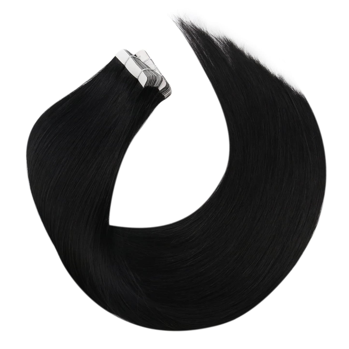 Moresoo Tape in Hair Extensions Black Real Human Hair 20Pcs Tape in Extensions 12 Inch Short Hair Extensions Glue in Real Human Hair 30G Fashion Straight Hair Color #1
