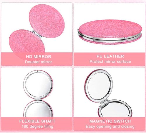 mpowtech Cute Pink Compact Mirror for Women,Small Magnifying Travel Mirror with Glitter,Portable 2 x 1x Magnification Folding Pocket Makeup Mirror Cosmetic Mirror for Gift Travel Essentials