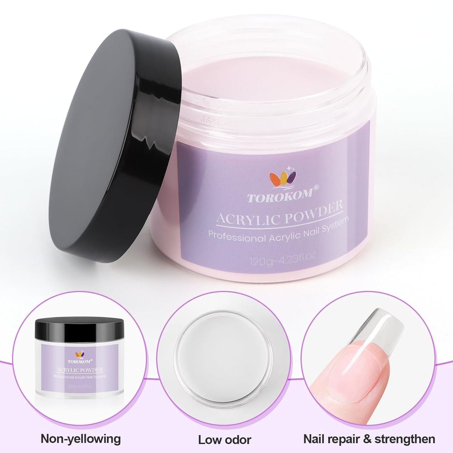 TOROKOM Acrylic Nail Powder - 4 Colors, 480g | Long-Lasting Dip Powder for 3D Nail Art