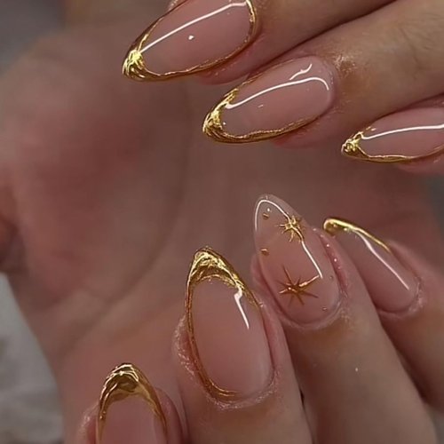 evpct Gold French Tip Press on Nails Almond Medium, Nude Pink + Gold Line Tips, Stick on Nails Medium Almond for Women, Full Cover Perfectly Fit Handmade Soft Gel Artificial Fake False Nail Kit