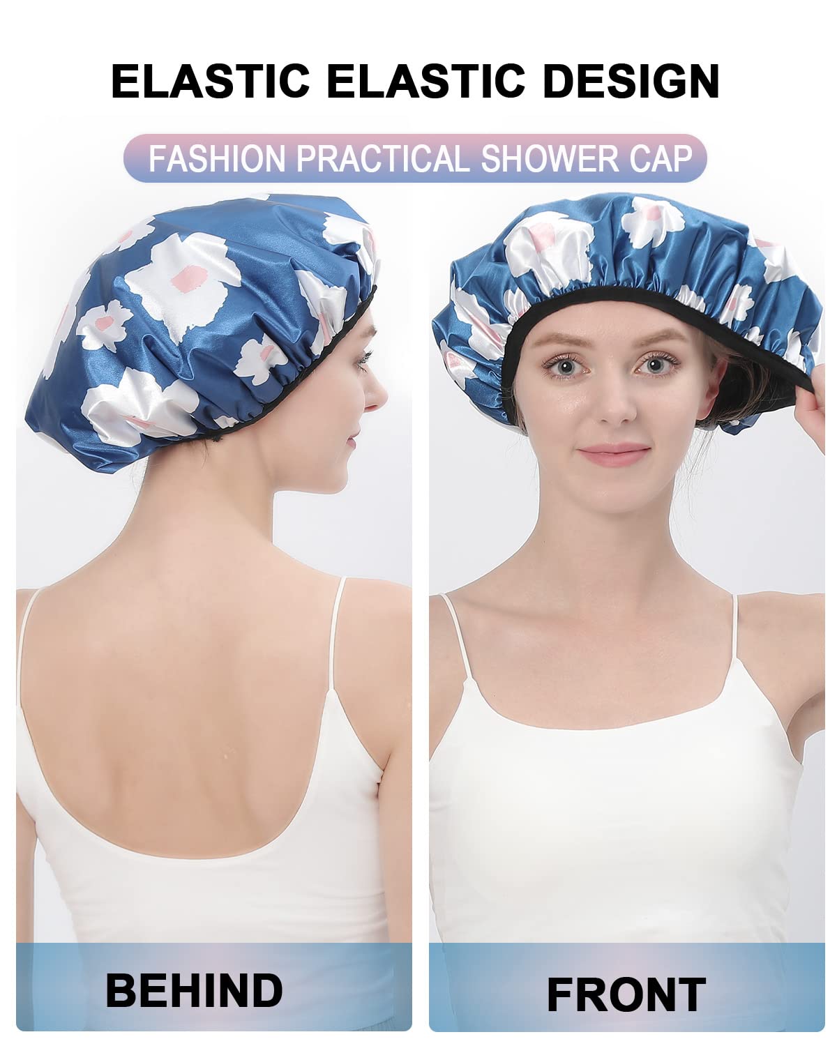 YIZIJIZI Waterproof Shower Cap - Triple Layer Design for Long Thick Hair | Reusable & Stylish (Blue)