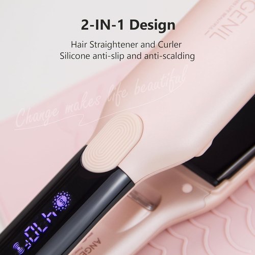 ANGENIL Pro Round Pink Hair Straightener - Dual Voltage Titanium Flat Iron & Curler 2 in 1 | Fast Heat Up, LCD Display