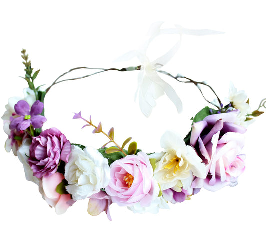 Trepveter Floral Garland Crown Women Floral Headband Hair Wreath Flower Headpiece Halo Cosplay Halloween Bridal Wedding Photo Props Renaissance Party Prom Purple Pink