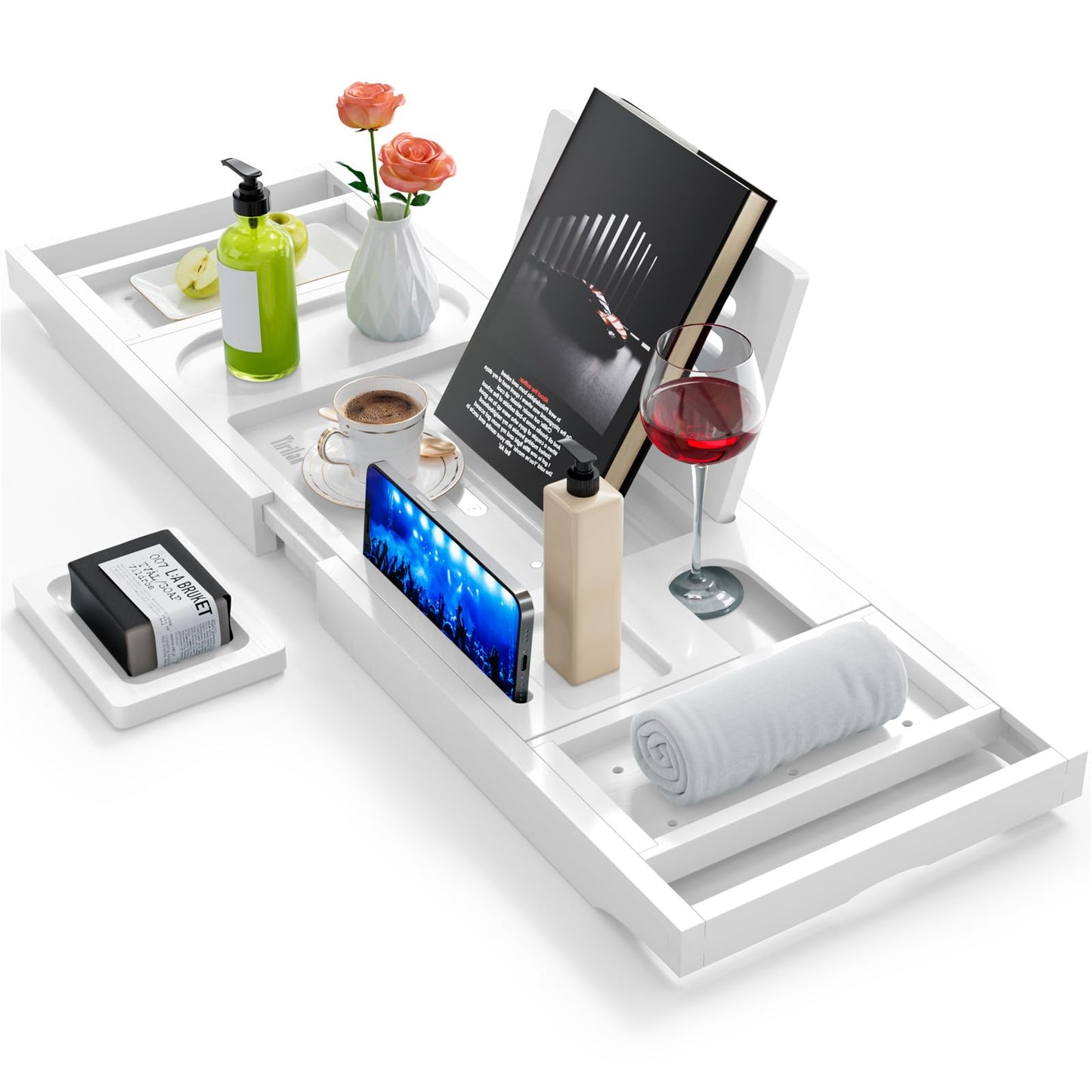 Yirilan Foldable Bamboo Bathtub Tray Caddy, Bathtub Tray, Can Place Wine Glasses, Books, Mobile Phones Multifunctional Bath Tub Tray, Suitable for Gifts in Various Festivals, White