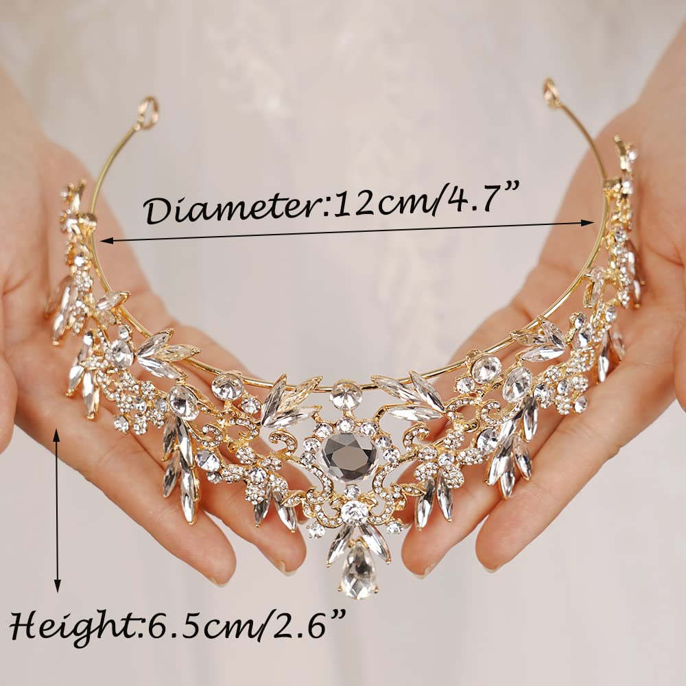 JWICOS Gold Crystal Tiara Crown for Women Princess Rhinestone Leaf Crown Headband for Girls Bridal Wedding Hair Accessories for Brides and Bridesmaid (Gold)