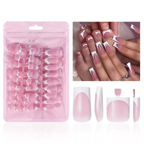 NHIXK 60Pcs White French Tip Press on Nails & Press on Toenails Set, Square Press on Nails Medium Fake Nails French False Toenails Full Cover Stick on Nails for Women Manicure Kit