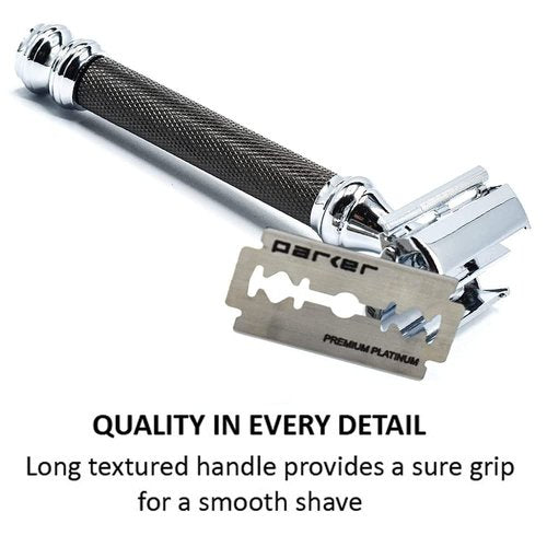 Parker 76R Heavyweight Butterfly Safety Razor - Gunmetal Finish & Long Knurled Handle for Precision Shaving