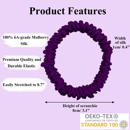 VLOMOT 6 Pcs Set 100% Pure Mulberry Silk Hair Scrunchies - 6 Chic Colors Everyday Skinny Scrunchies Silk Ponytail Holders - No Damage (Purple)