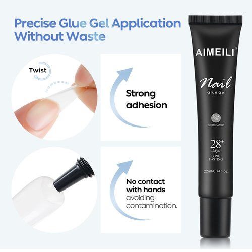 AIMEILI Hema Free Nail Glue Gel 22ml for Nail Tips and Clear Acrylic Nails, Cruelty Free, Vegan, Long Lasting Strong Adhesion for Nail Extension Fake Nails
