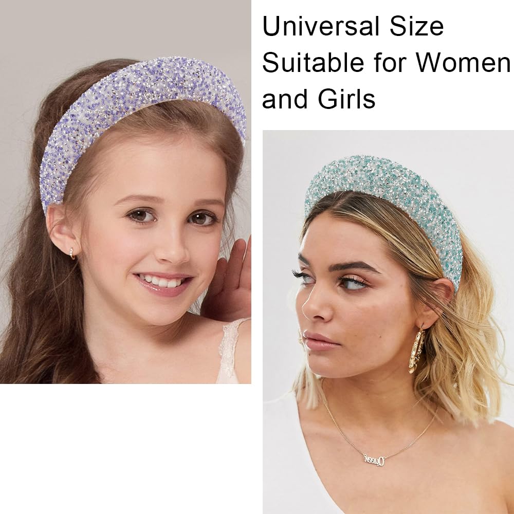 AHONEY 2 Pack Rhinestone Headband for Women Girls, Glitter Sequin Beaded Pearls Padded Headbands for Women Prom Christmas Sparkly Hair Bling Birthday Hair Accessories (Blue&Green)