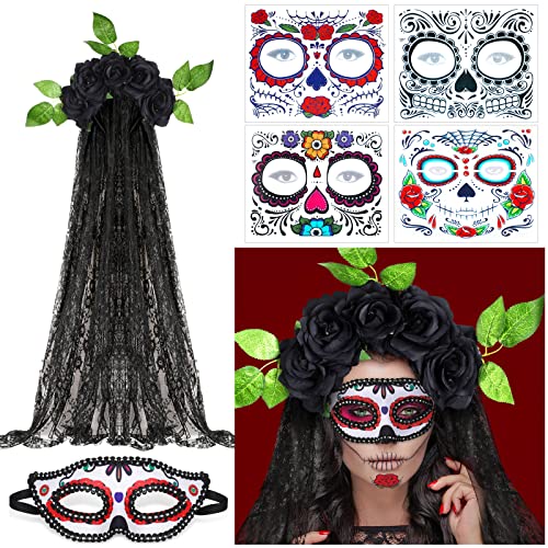 6 Pieces Day of the Dead Costumes for Women Halloween Crown Rose Floral Veil Headband Headpiece with Halloween Skull Face Temporary Tattoo Masquerade Mask for Costume Party (Black)