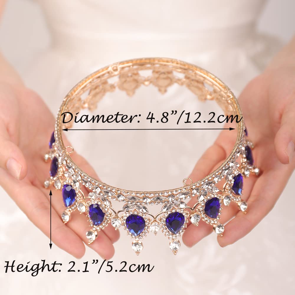 JWICOS Crystal Tiara for Women Rhinestone Bridal Wedding Full Round Tiara Hair Accessories for Girls Princess Tiara Crown Headband for Birthday Party Halloween Costume Prom (Royal Blue)