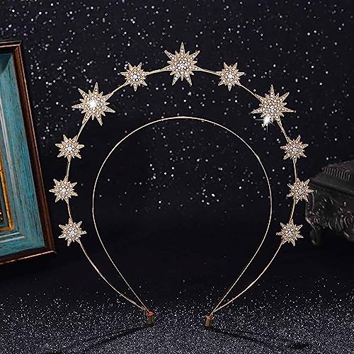 CAKURE Crystal Halo Crown Gold Star Headband Goddess Headpiece Bridal Wedding Tiara and Crowns Hair Accessories for Women and Girls (Rose gold)