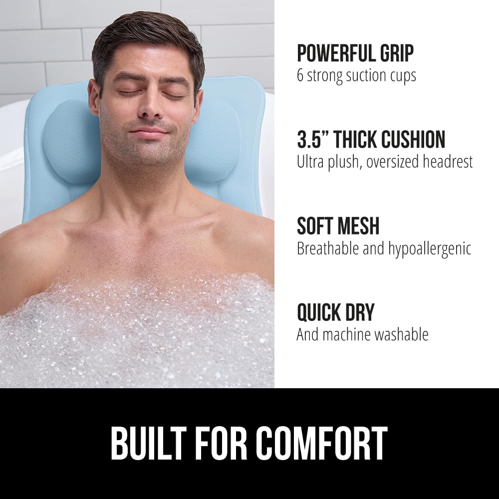 GORILLA GRIP Mesh Bath Pillow for Tub, 6 Powerful Suction Cups, Oversized Headrest with Breathable FlexComfort Technology for Neck, Head, Back Support, Luxury Machine Washable Bathtub Must Haves, Blue