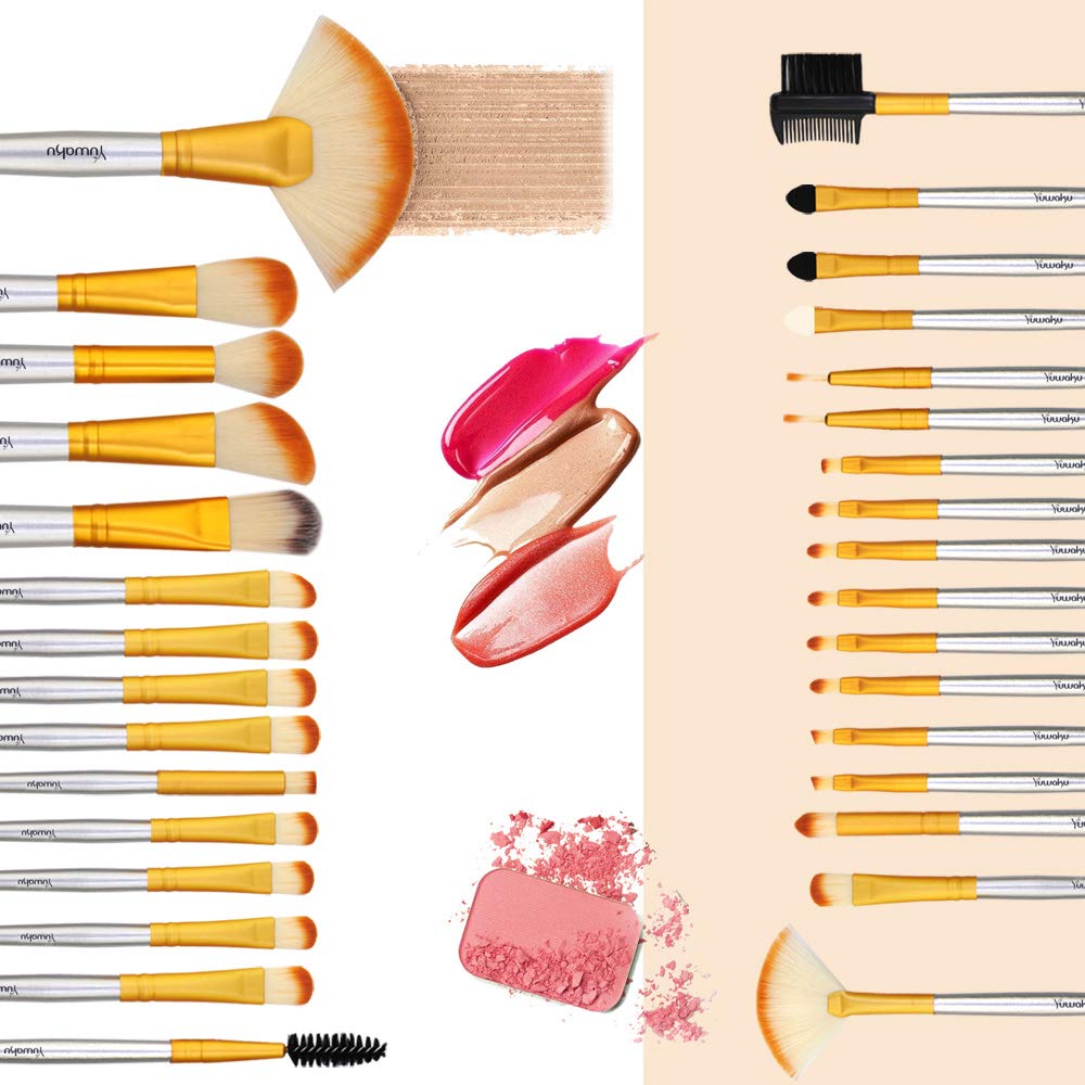 Champagne Makeup Brushes Set, Valentines Day Gifts for Kids,Yuwaku Silver Foundation Powder Blush Eyeshadow Brushes Blending 32 Piece NO Shed Cruelty-Free Synthetic Fiber Bristles Cosmetic Brushes