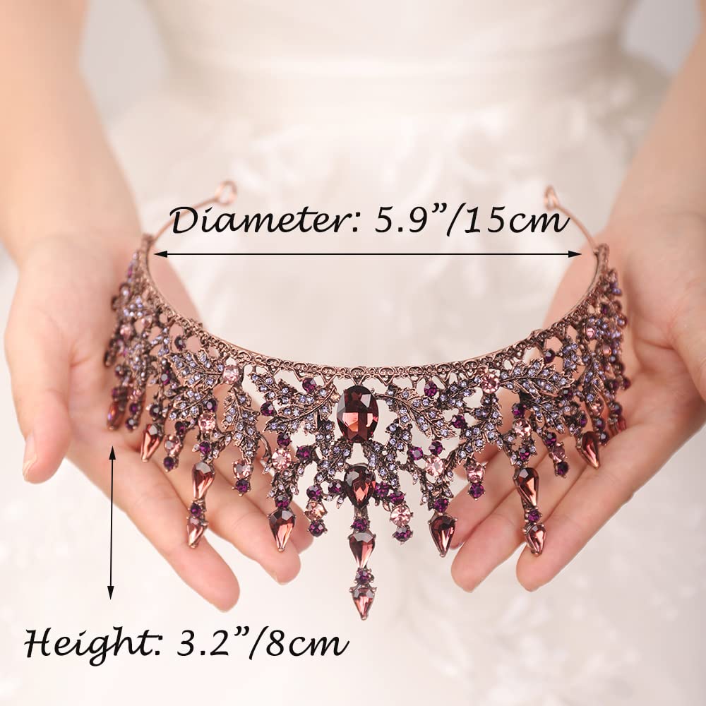 JWICOS Baroque Gothic Queen Crown for Women Rhinestone Crystal Wedding Crown Black Tiara and Crown Goth Costume Party Accessories for Costume Party Photography (Purple)