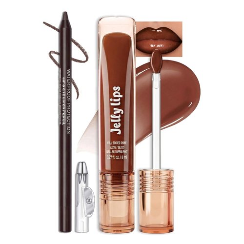 Erinde Lip Combo Set - Brown Lip Liner & Gloss for Nude Ombre Makeup | Hydrating, Non-Sticky Finish