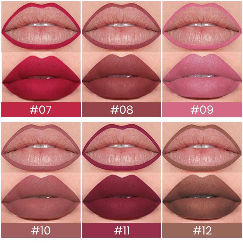 HHLTOH 6Pcs Retractable Lip Liner Pencils Set, Ruby Red Rose Nude Pink Plum Purple Taupe Brown Matte, Long-Lasting Non-Stick Cup Not Fade Waterproof Pigmented Velvet Lipgloss Kit Beauty Cosmetics. 02