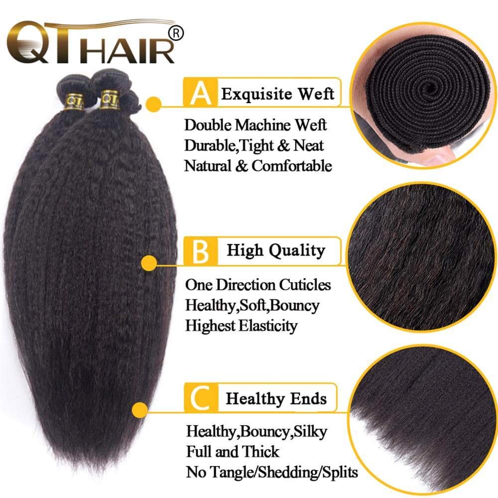 QTHAIR 14A Brazilian Human Hair Kinky Straight Bundles(20 22 24inch) Yaki Straight Human Hair 3 Bundles 100% Unprocessed Brazilian Virgin Human Hair Bundles Natural Color