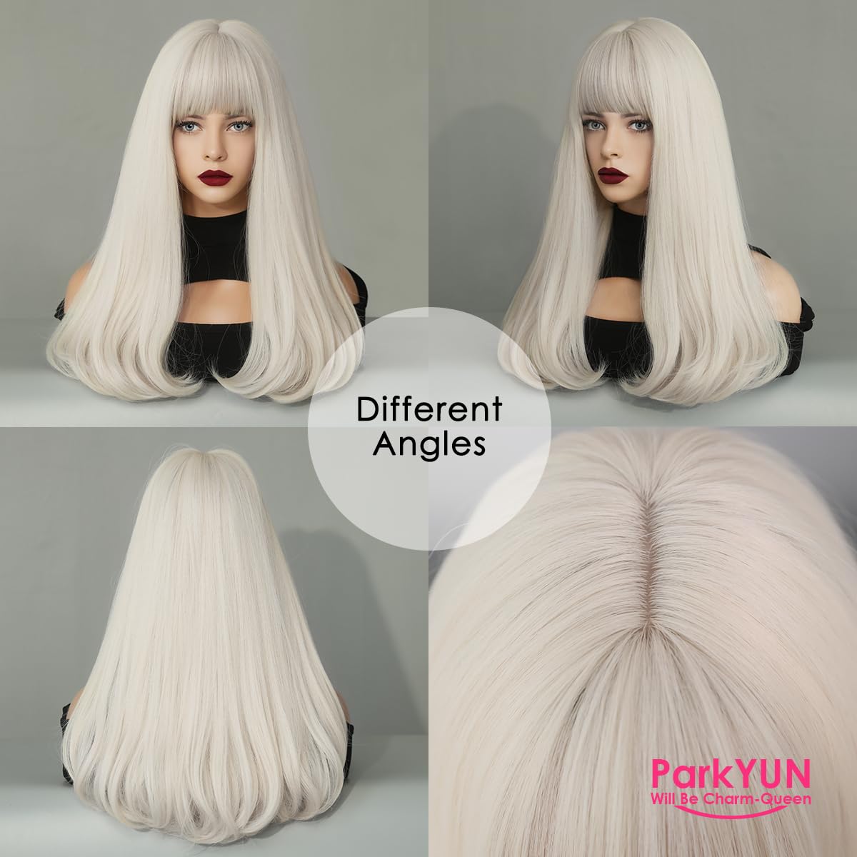 PARK YUN Long Platinum Blonde Wigs for Women Synthetic Glueless Realistic Straight Blond Wig with Bangs, Heat Resistant Natural Wig for Girls Daily Party Cosplay 22 inch
