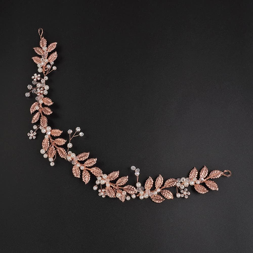 Jumwrit Wedding Headband for Bride Crystal Flower Leaf Headband Handmade Pearl Headpiece for Wedding Bridesmaid Hair Accessories（Rose Gold）