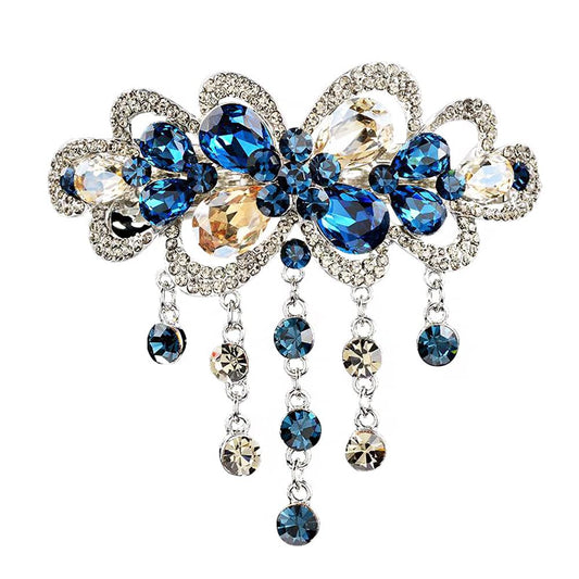 E EMZHOLE Large Elegant Hair Barrettes for Women Girls Spring Clip Flower Tassel Design Sparkly Glitter Rhinestone Hairpin Crystal Hair Clip Hair Accessories (Deep Blue/Champagne)