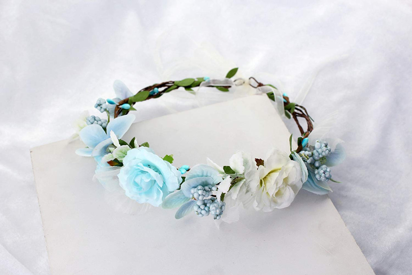 YnimioAOX Handmade Adjustable Flower Wreath Headband Halo Floral Crown Garland Headpiece,B21-Light blue/white