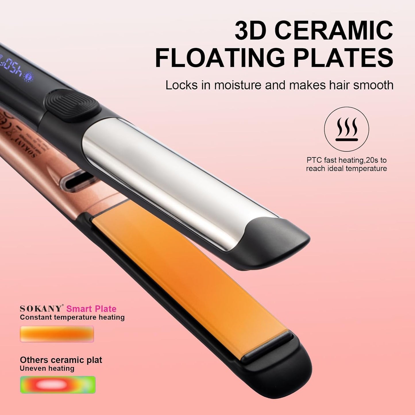 SOKANY 2-in-1 Hair Straightener & Curler - Titanium Ceramic Plates, Dual Voltage, 8 Temp Settings