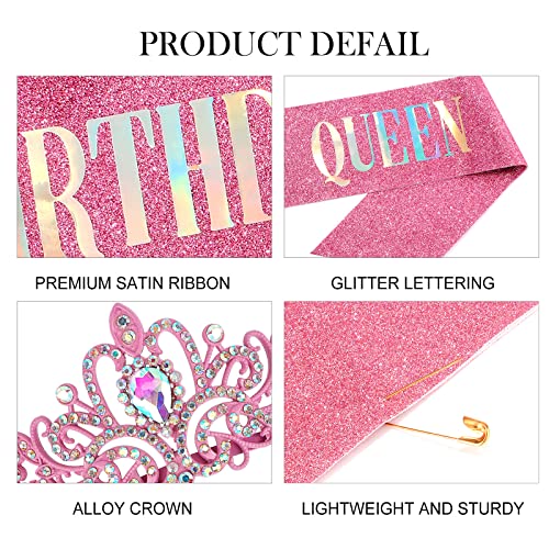 "Birthday Queen" Sash and Crystal Tiara Set Tiara and Crowns for Women COCIDE Birthday Gift for Girl Kit Decorations Set Rhinestone Hair Accessories Glitter Stain Silk Sash for Party