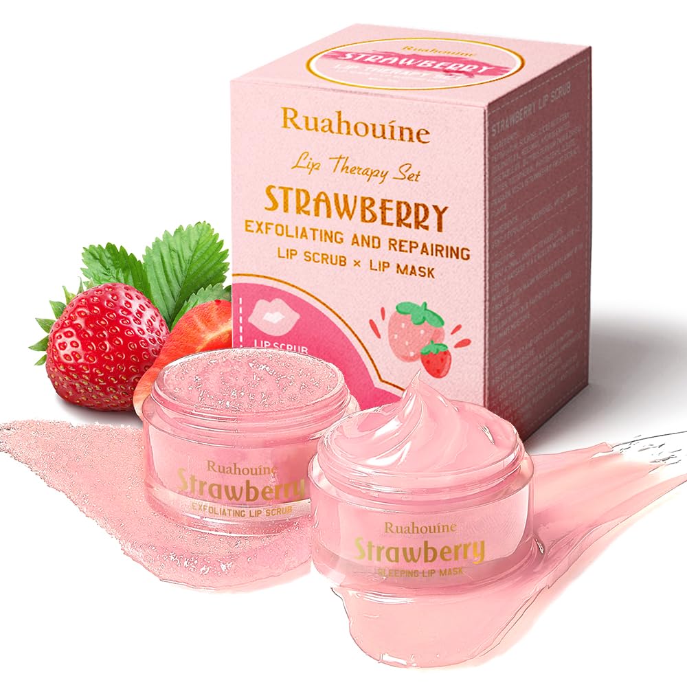 Strawberry Lip Scrub And Mask Set, Lip Scrub Kit, Lip Scrub Set, Sugar Lip Scrub Exfoliator, Lip Scrub For Dark Lips To Lighten, Lip Care Kit, Sleeping Lip Mask, Lip Mask Pack, 1.4 oz / 2-piece