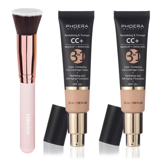 PHOERA CC Cream Foundation With SPF,PHOERA Full Coverage Foundation Color Correcting Cream,Anti Aging Hydrating Serum & SPF 25+ Sunscreen Natural Finish1.08 floz (2PCS 120 Nude)