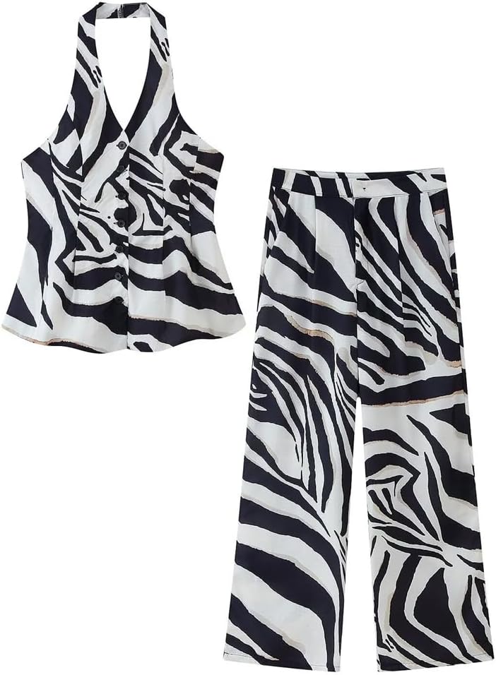Skiennix 2-Piece Zebra Print Outfit - Halter Top & Wide Leg Pants for Summer Vacations