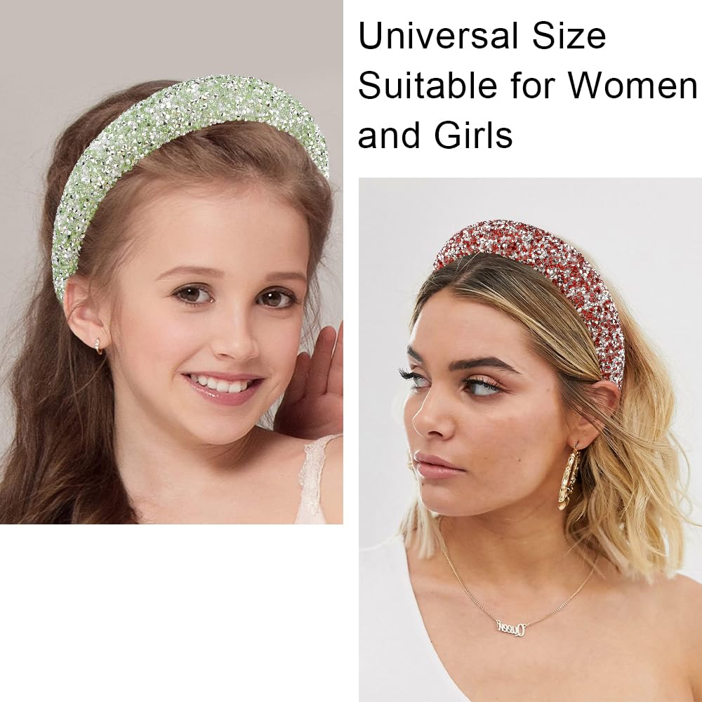 AHONEY 2 Pack Rhinestone Headband Women Girls Thick Padded Headband, Sequin Beaded Pearls Head Band Glitter Cute Headband Birthday Prom Christmas Hair Accessories For Women Girls (Green&Red)