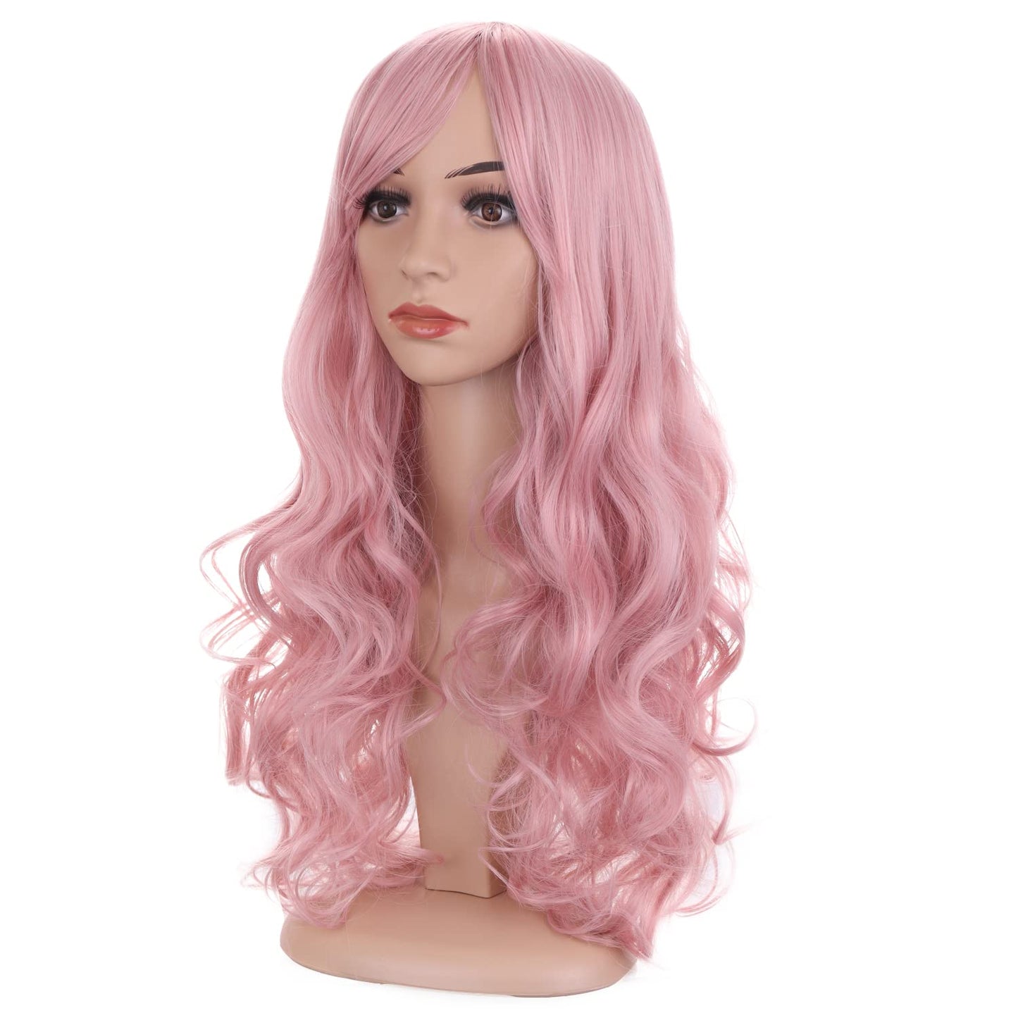 BERON Pink Wig Long Wavy Wig Lovely Pink Wig with Bangs for Women Candy Pink Wig Long Curly Wig Pink Synthetic Wig with Wig Cap