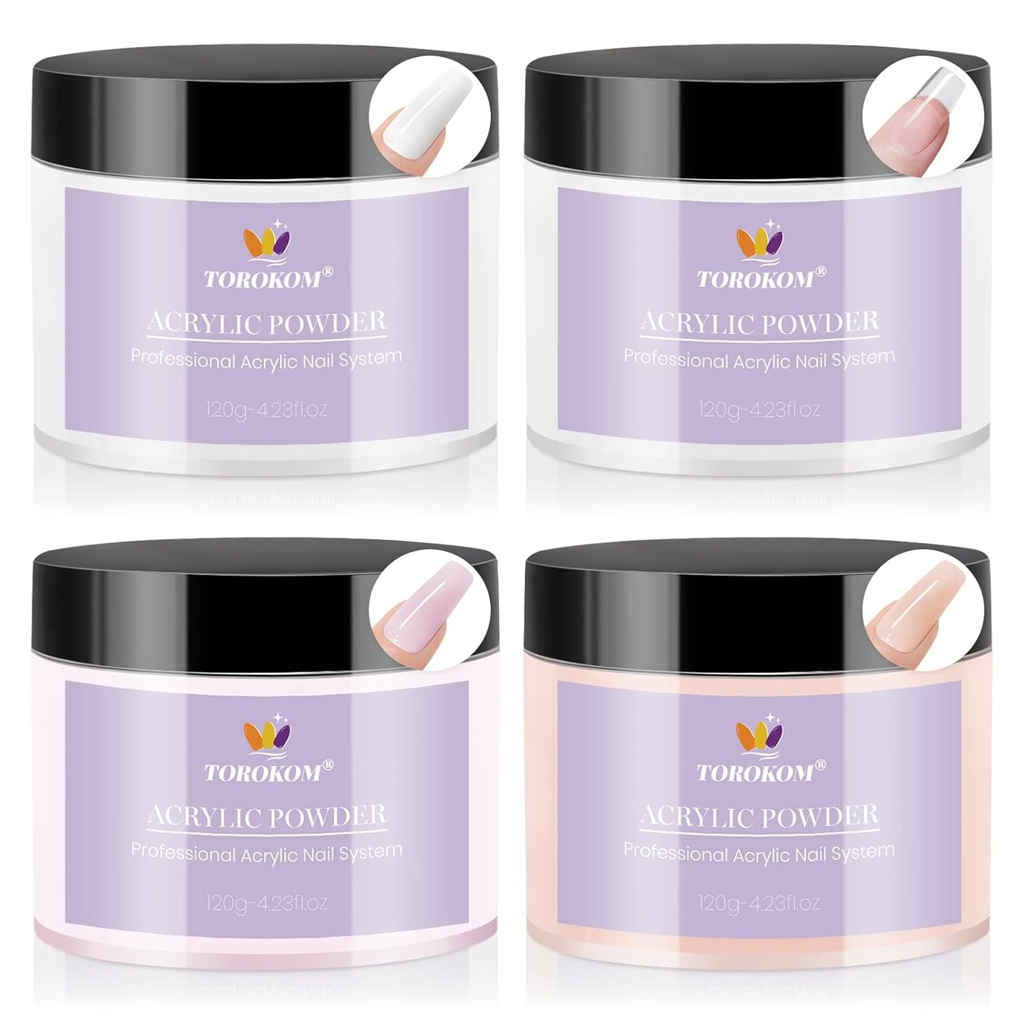 TOROKOM Acrylic Nail Powder - 4 Colors, 480g | Long-Lasting Dip Powder for 3D Nail Art