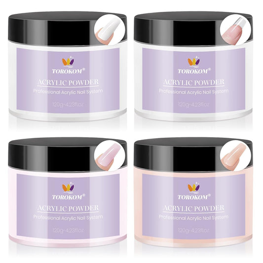 TOROKOM Acrylic Nail Powder - 4 Colors, 480g | Long-Lasting Dip Powder for 3D Nail Art